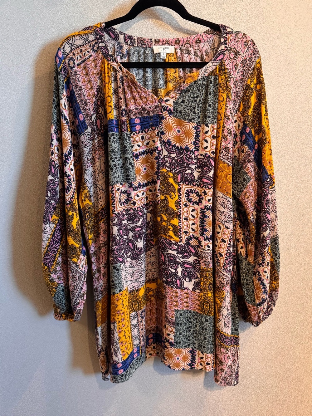 Umgee Patchwork Boho Tunic - Pink & Mustard & Navy